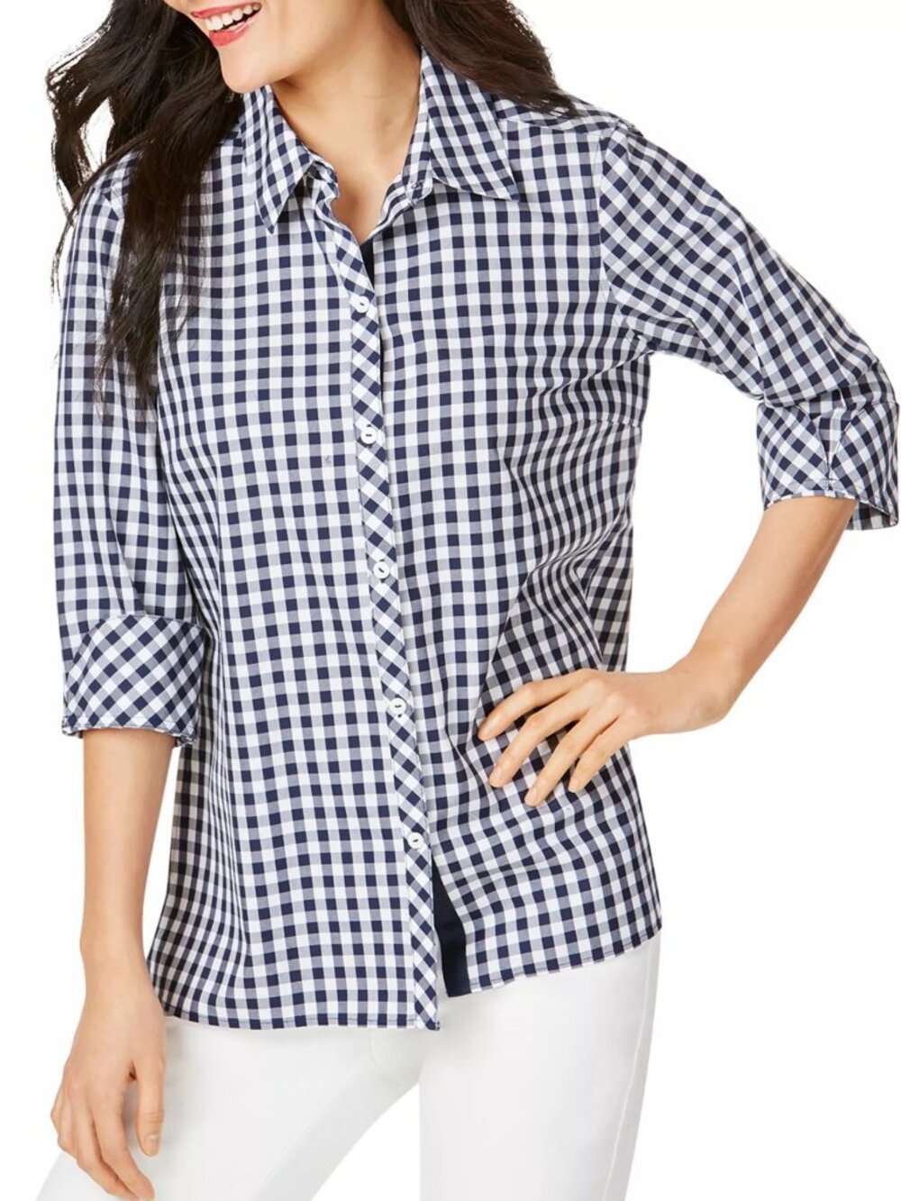 NWT Foxcroft Women Petite Size 4 4P Navy White Morgan Non-Iron Gingham Shirt NEW